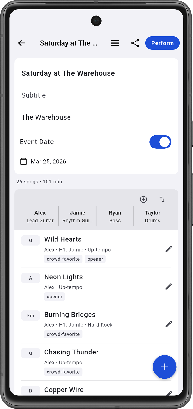 Banderly set list detail on Android with band member tabs, venue, and song list