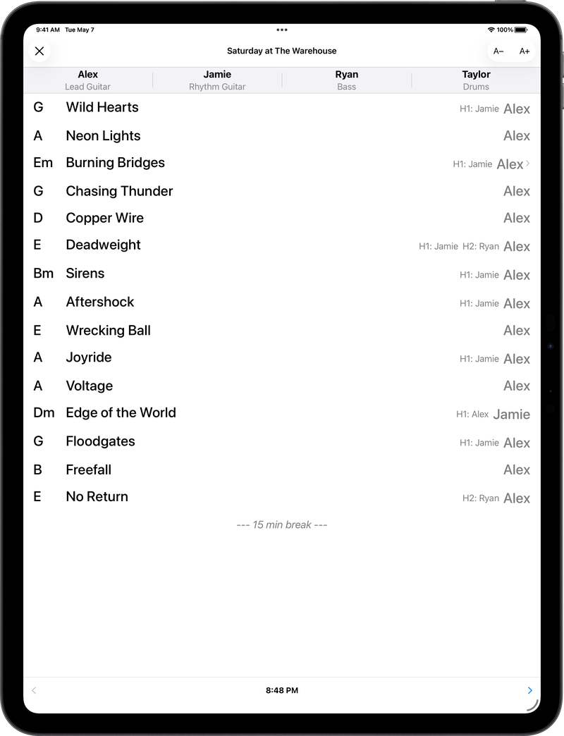 Banderly performance mode on iPad showing stage-ready set list view