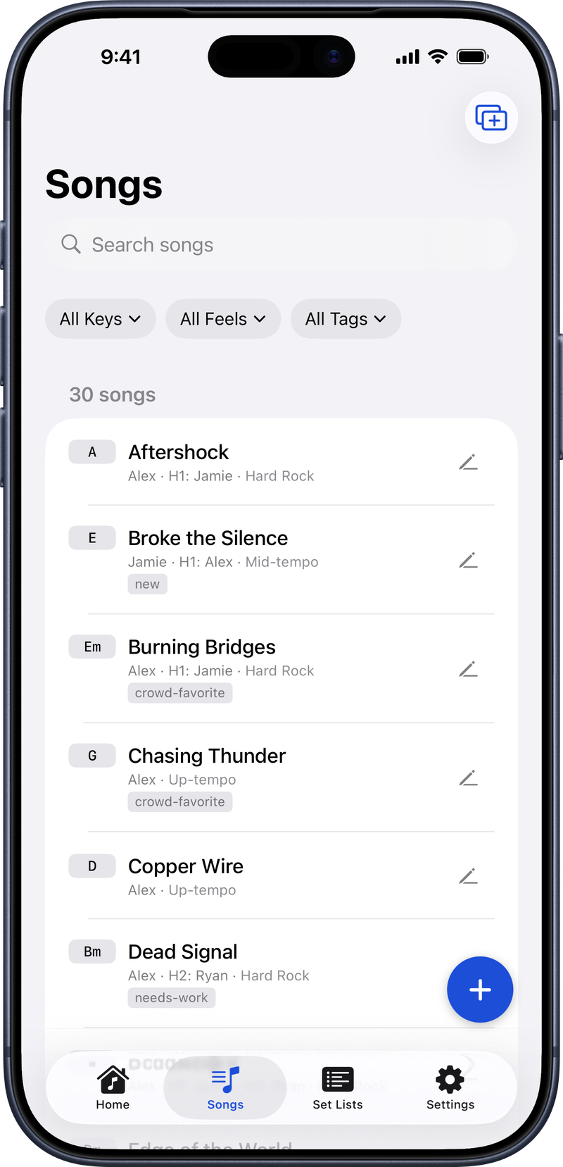 Banderly song list with key, feel, and tag filters